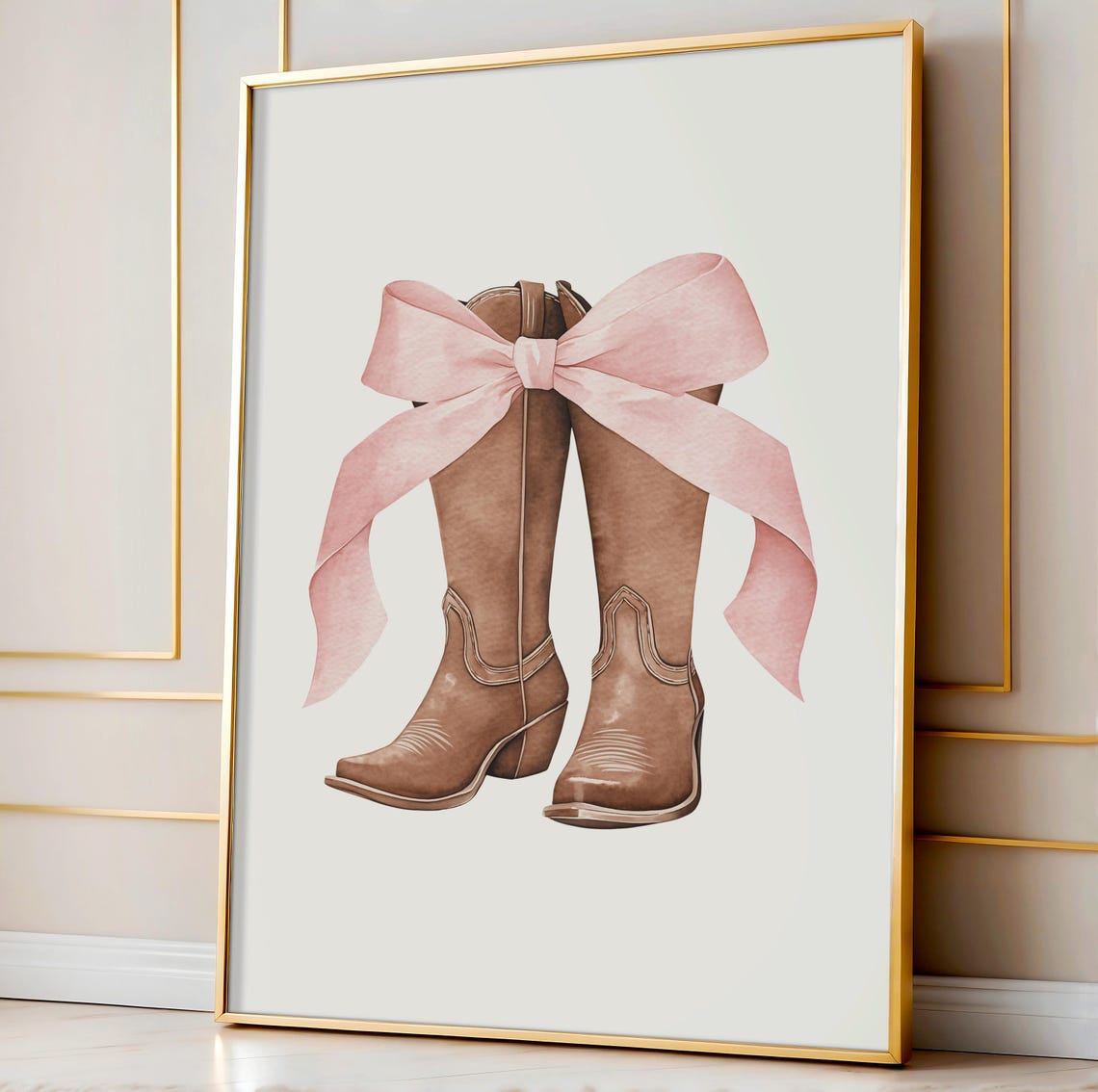 Cowgirl Boots Pink Bow Watercolor Western Chic Nursery Wall Art