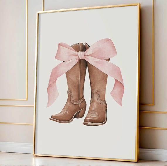 Cowgirl Boots Wall Art Pink Bow Cowgirl Boots Print Pink Coquette Bow Boots Nursery Decor Rustic Western Decor Instant Pcw