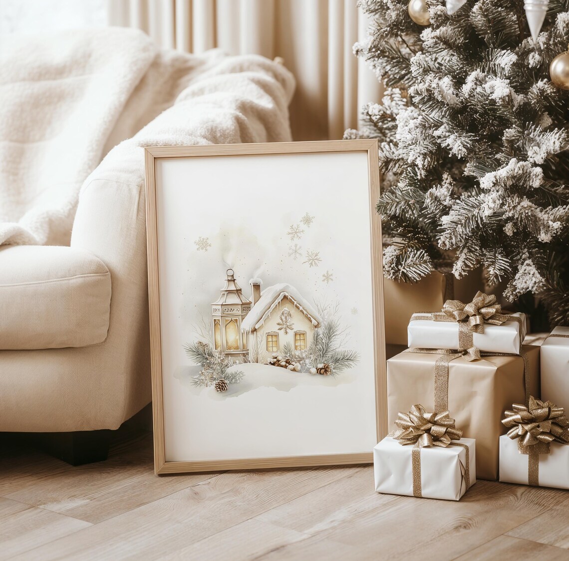 Cozy Snow Covered Cottage Lantern Winter Christmas Scene Print