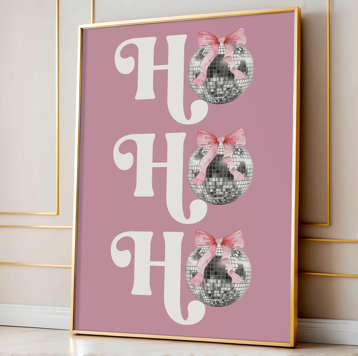 Ho Ho Ho Disco Ball Christmas Retro Pink Bows Holiday Script Poster