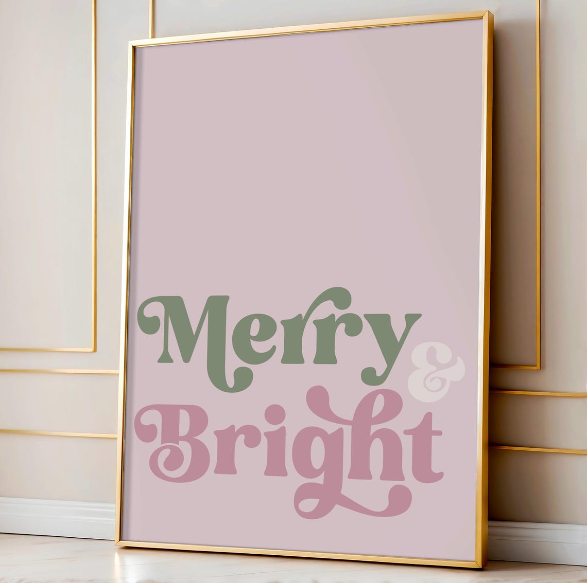 Merry And Bright Sage Pink Retro Script Christmas Quote Poster Art