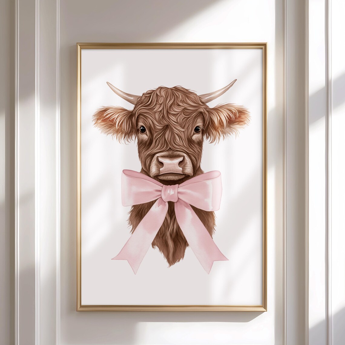 Highland Cow Pink Bow Coquette Watercolor Farm Animal Wall Art - Image 3
