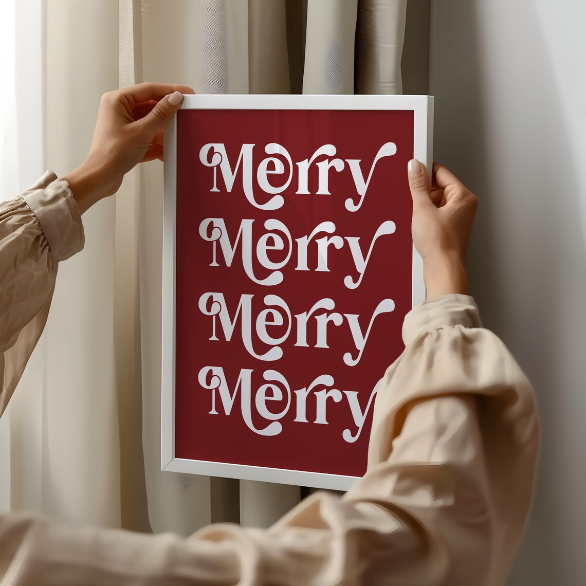 Merry Retro Cream Lettering Deep Red Christmas Typography Art Print - Image 2