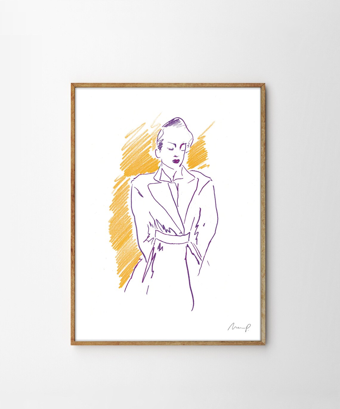Poised Fashion Illustration Woman Belted Coat Crayon Style Poster - Image 4
