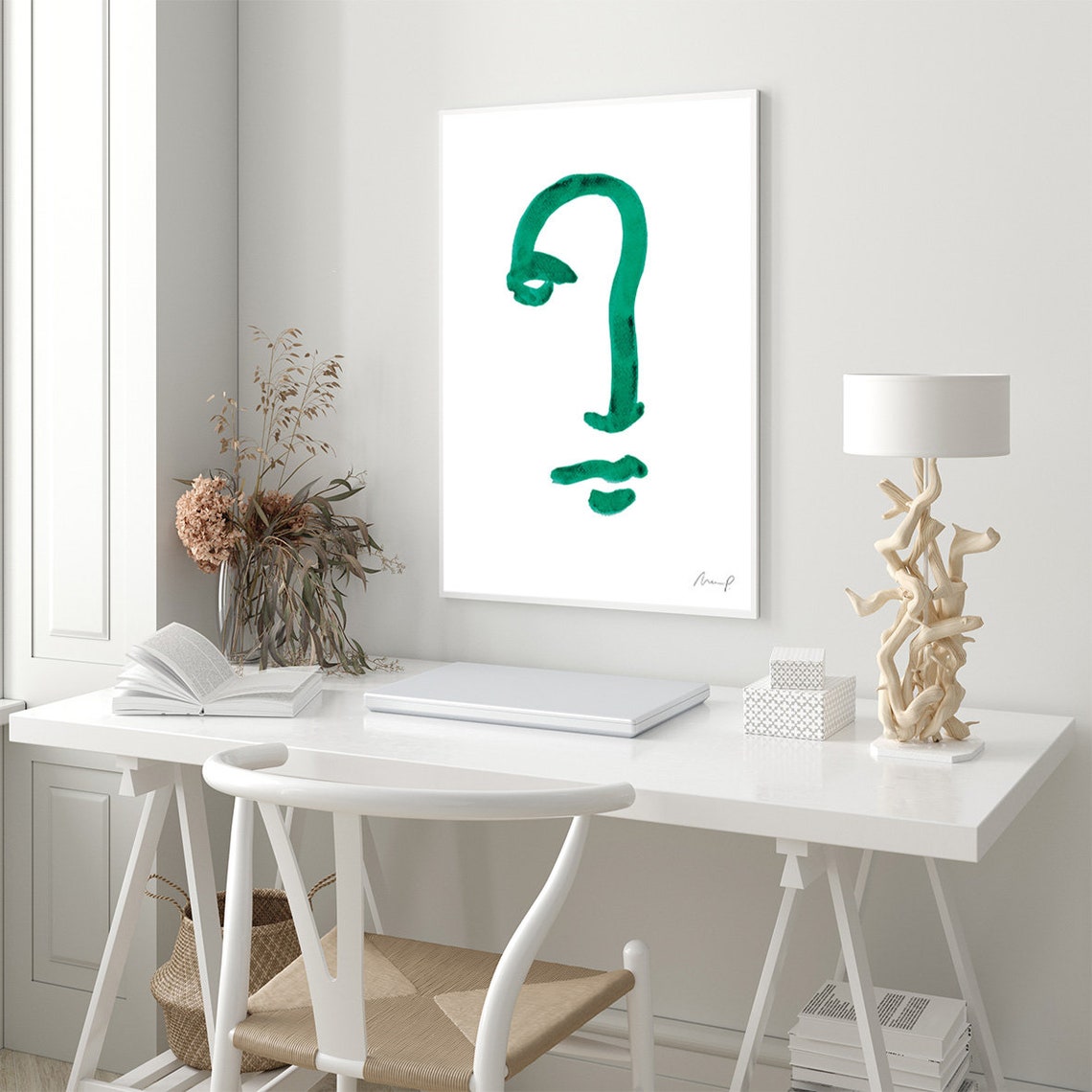 Green Brushstroke Face Seven Curved Line Profile Portrait Poster - Image 3