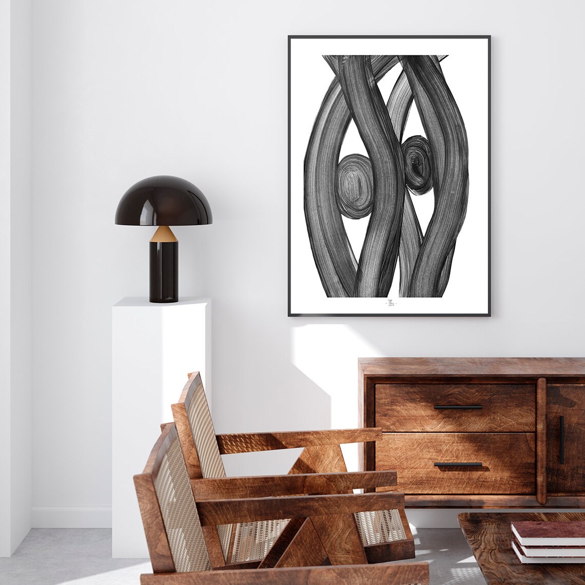Twin Spiral Eyes In Flowing Black Brushstroke Strands Art Poster - Image 2