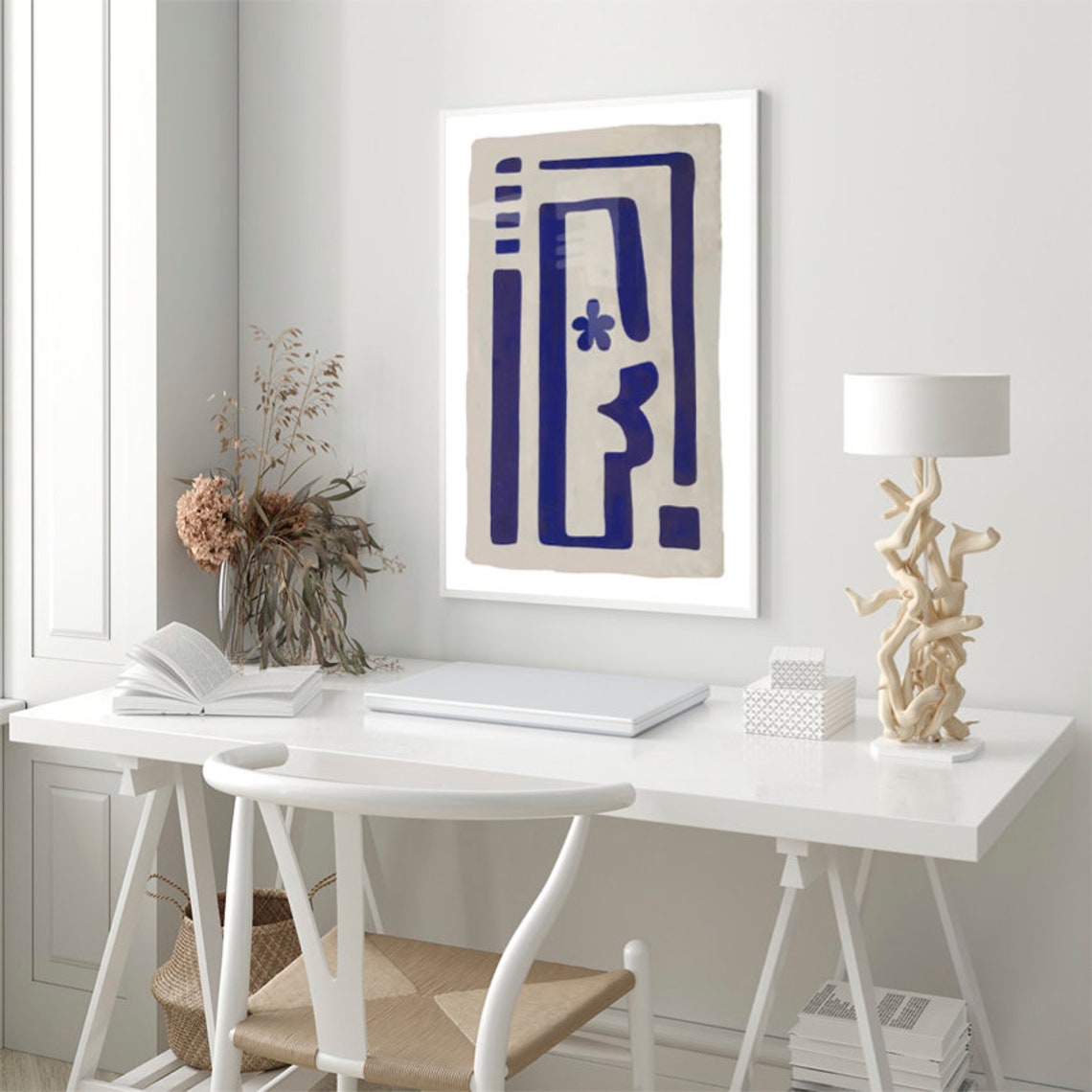 Cobalt Blue Geometric Abstract Ancient Shapes Beige Ground Poster - Image 3