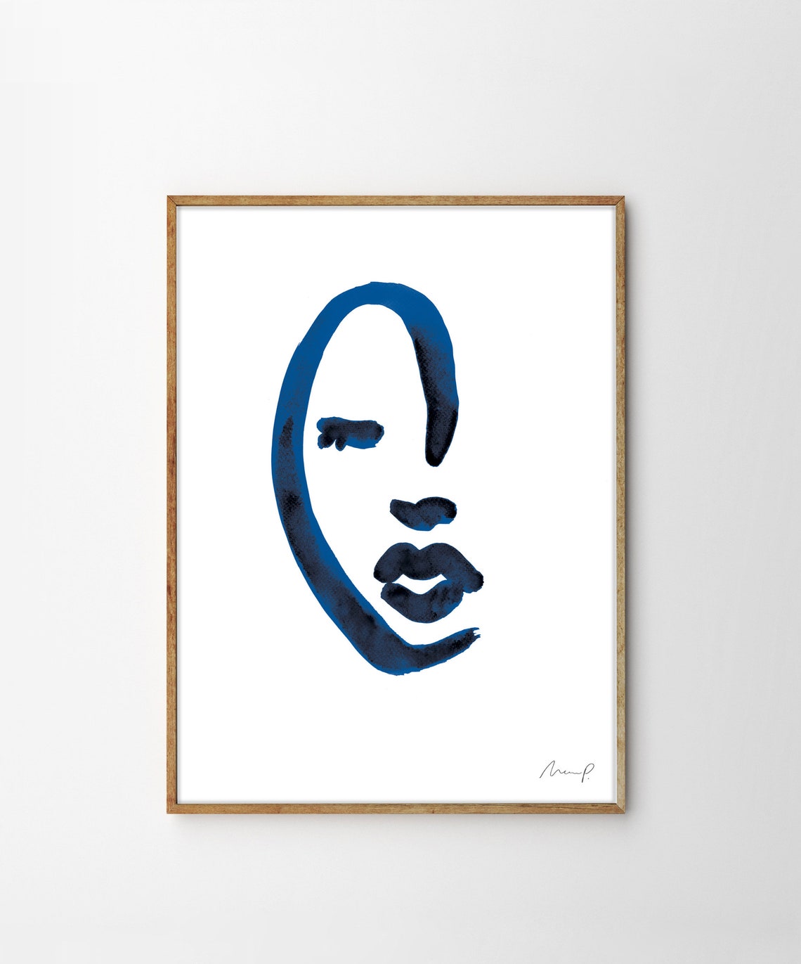 Blue Brushstroke Face Five Simple Oval Line Art Portrait Poster - Image 4