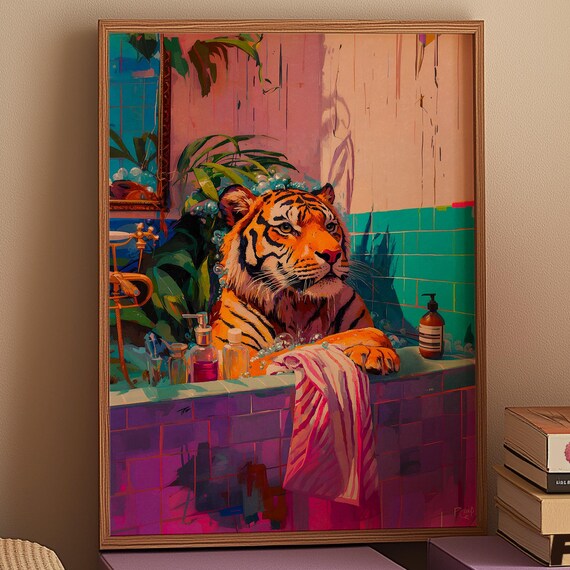 Tiger In Bathtub Poster Kitsch Bathroom Art