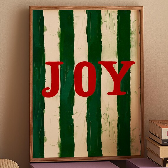 Joy Bold Red Typography Green Cream Striped Vintage Style Art Poster