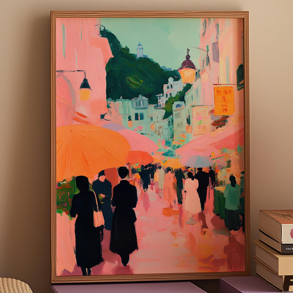 Pink Pastel Umbrella Street Impressionist City Scene Wall Art