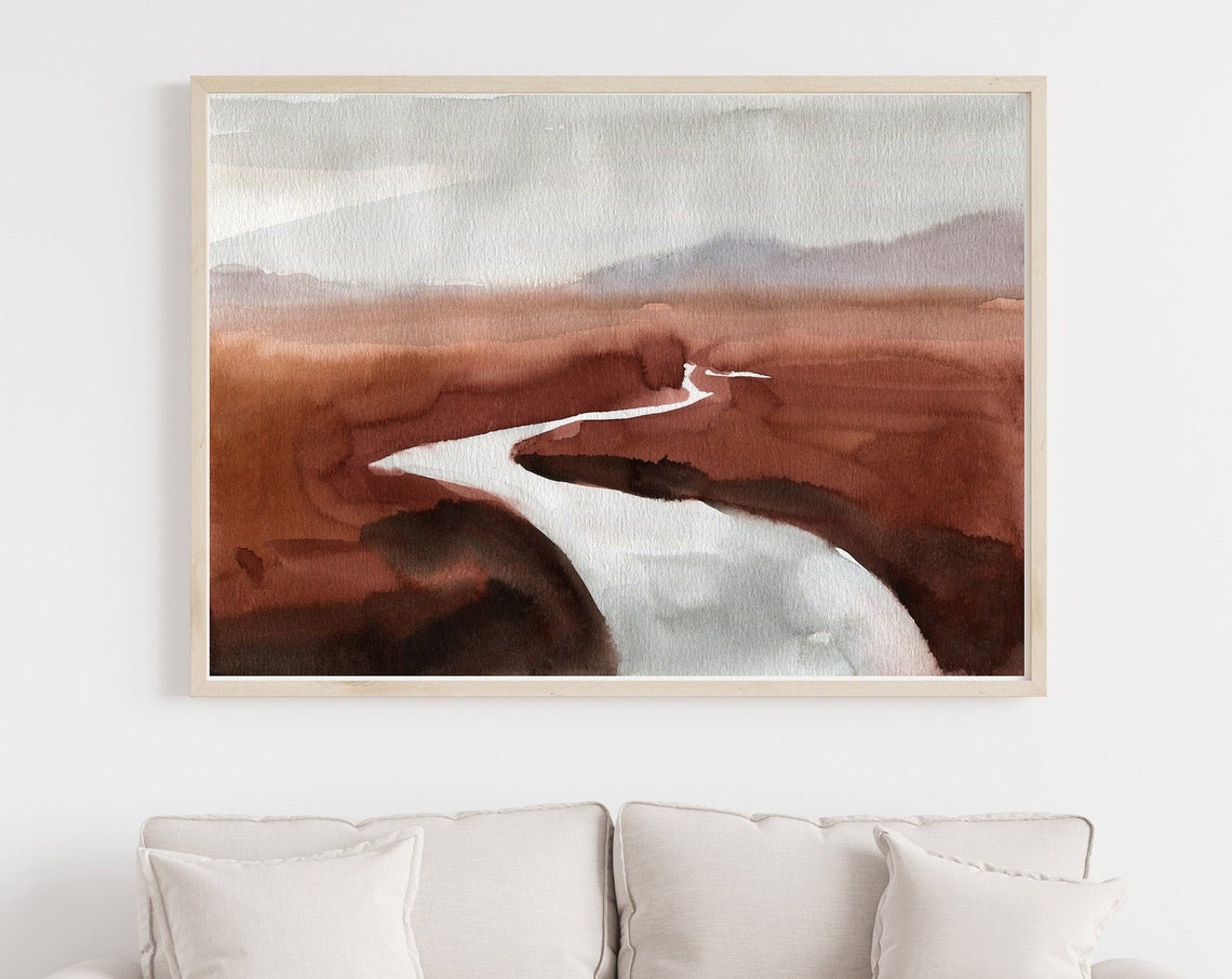 Abstract Watercolor Landscape Rust River Valley Burnt Orange Wall Art - Image 3