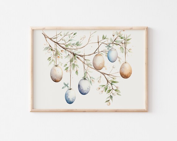 Easter Eggs Hanging From Blossom Branch Neutral Watercolor Poster