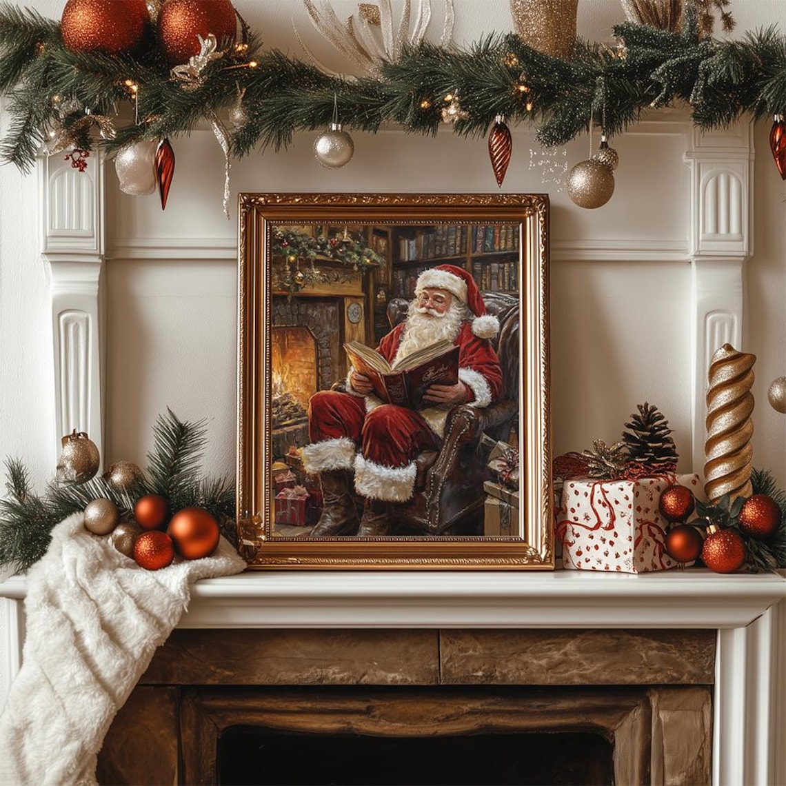 Vintage Santa Claus Reading by the Fireplace Christmas Art Poster - Image 3