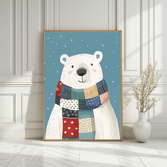 Cute Polar Bear Wearing Colorful Patchwork Scarf Winter Print