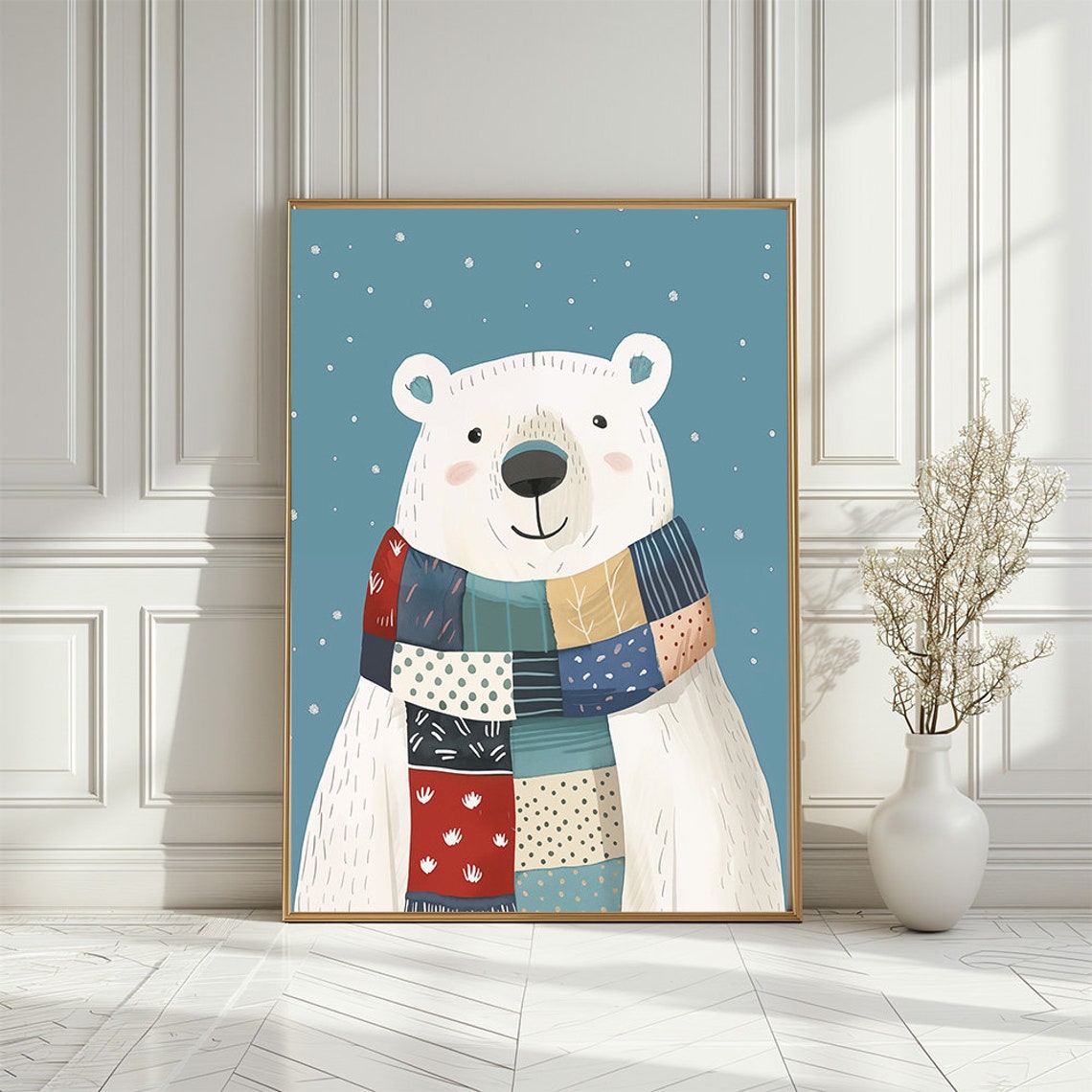 Cute Polar Bear Wearing Colorful Patchwork Scarf Winter Print