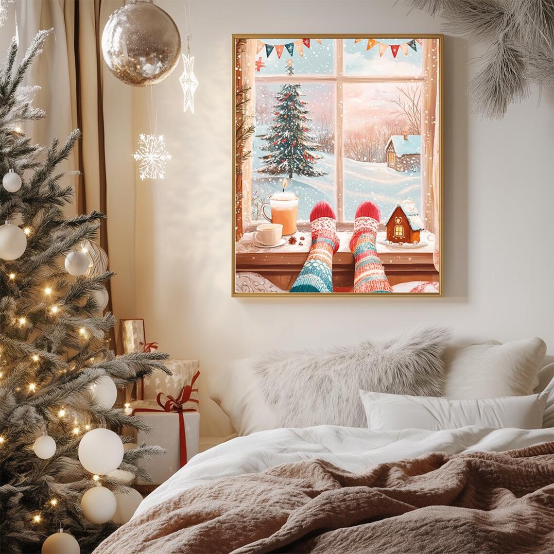 Cozy Snowy Christmas Morning Window View Festive Holiday Art Poster - Image 3