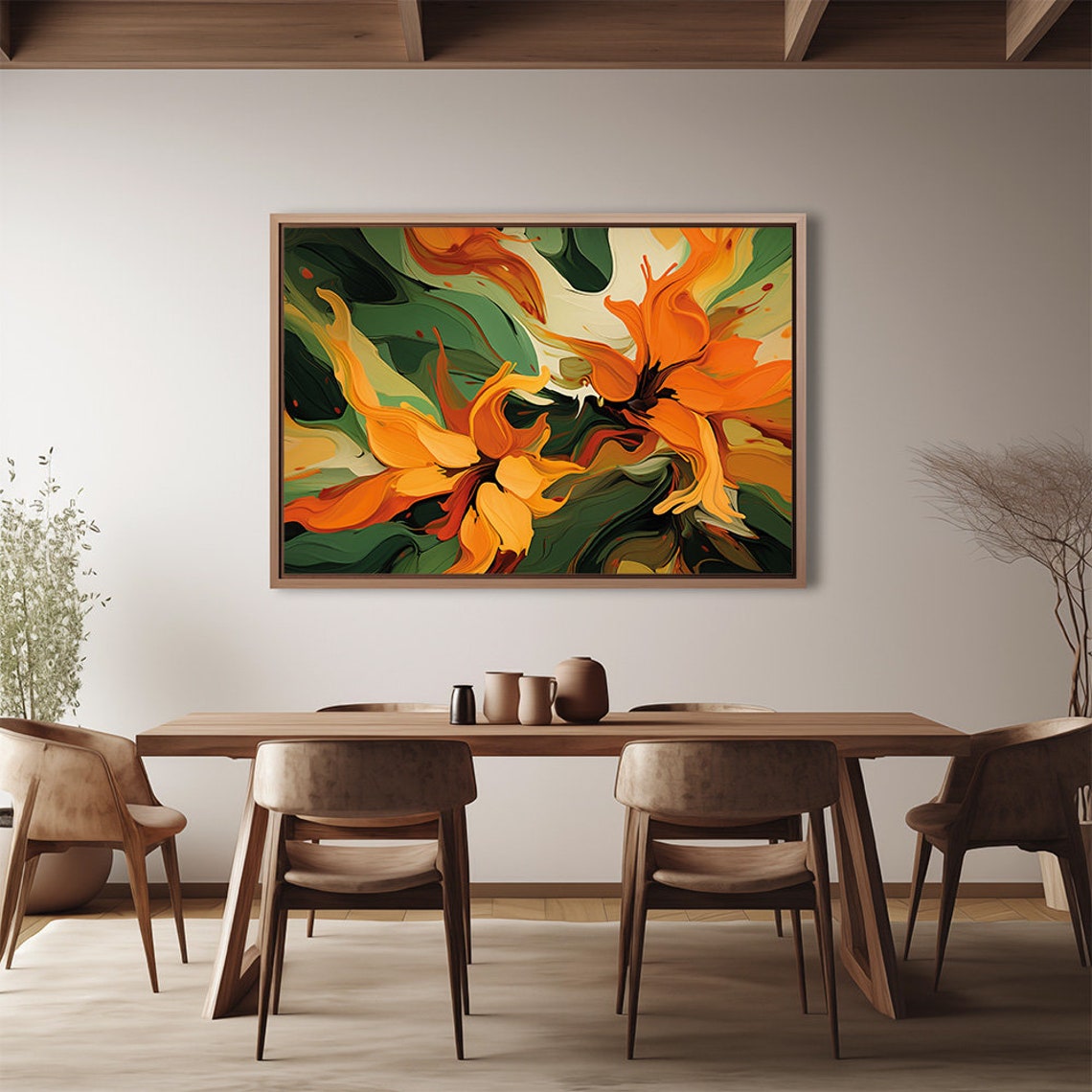 Bold Orange Green Modern Floral Blossoms Botanical Art Print
