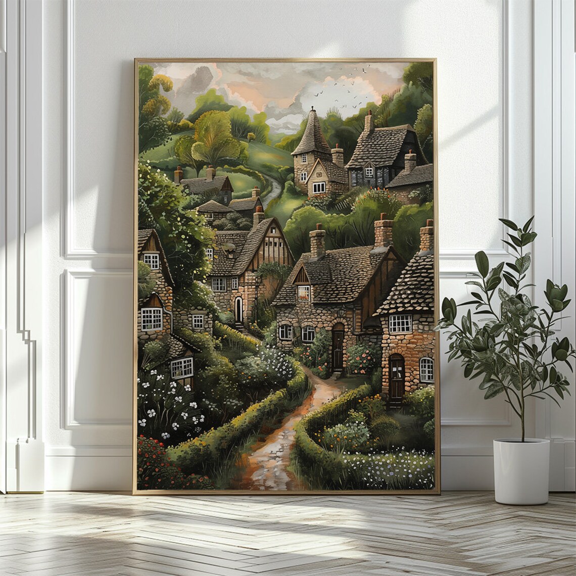 English Countryside Village Stone Houses Green Hills Wall Poster - Image 3