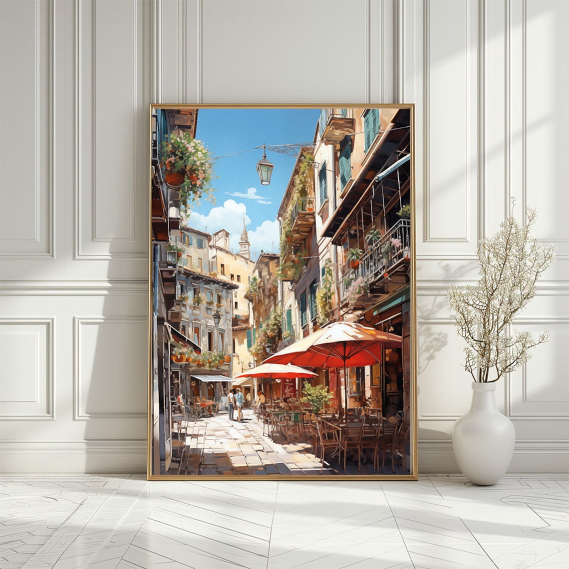 Sunny Mediterranean Street Cafe Scene European Town Art Poster