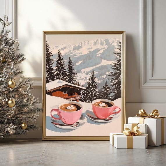 Mountain View With Coffee Cups Poster Vintage Snowy Landscape Illustration Retro Winter Holiday Art Print