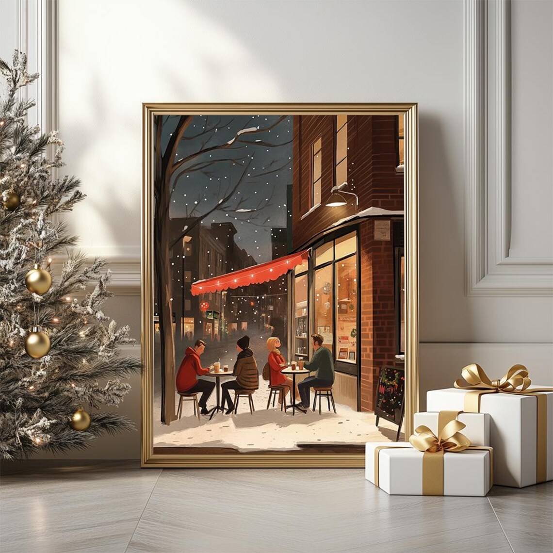 Snowy Night City Cafe With Red Awning Outdoor Tables Winter Poster
