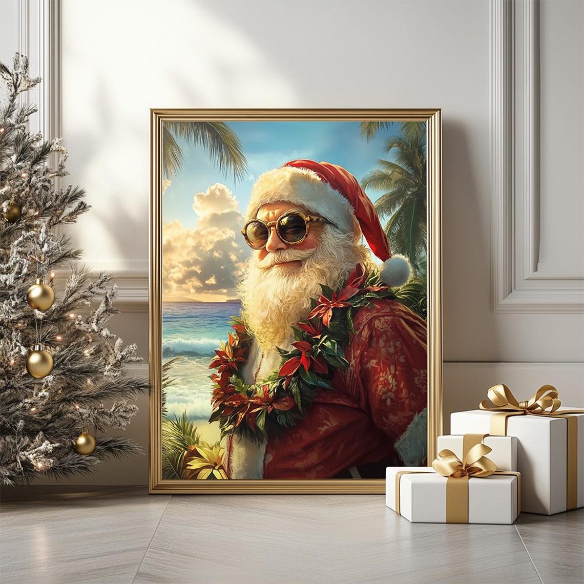 Tropical Santa Portrait Poster With Sunglasses and Hawaiian Beach