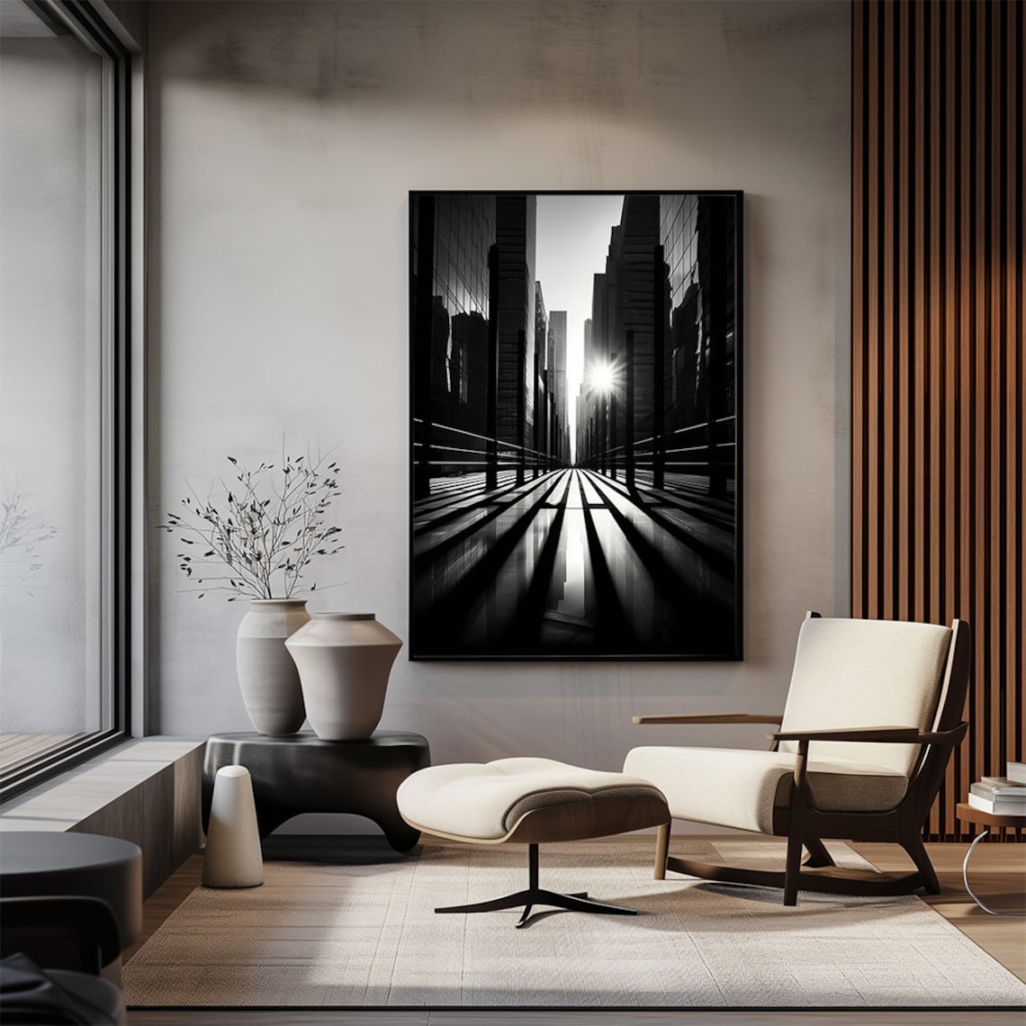 Black and White Big City Street Skyscraper Monochrome Art Poster