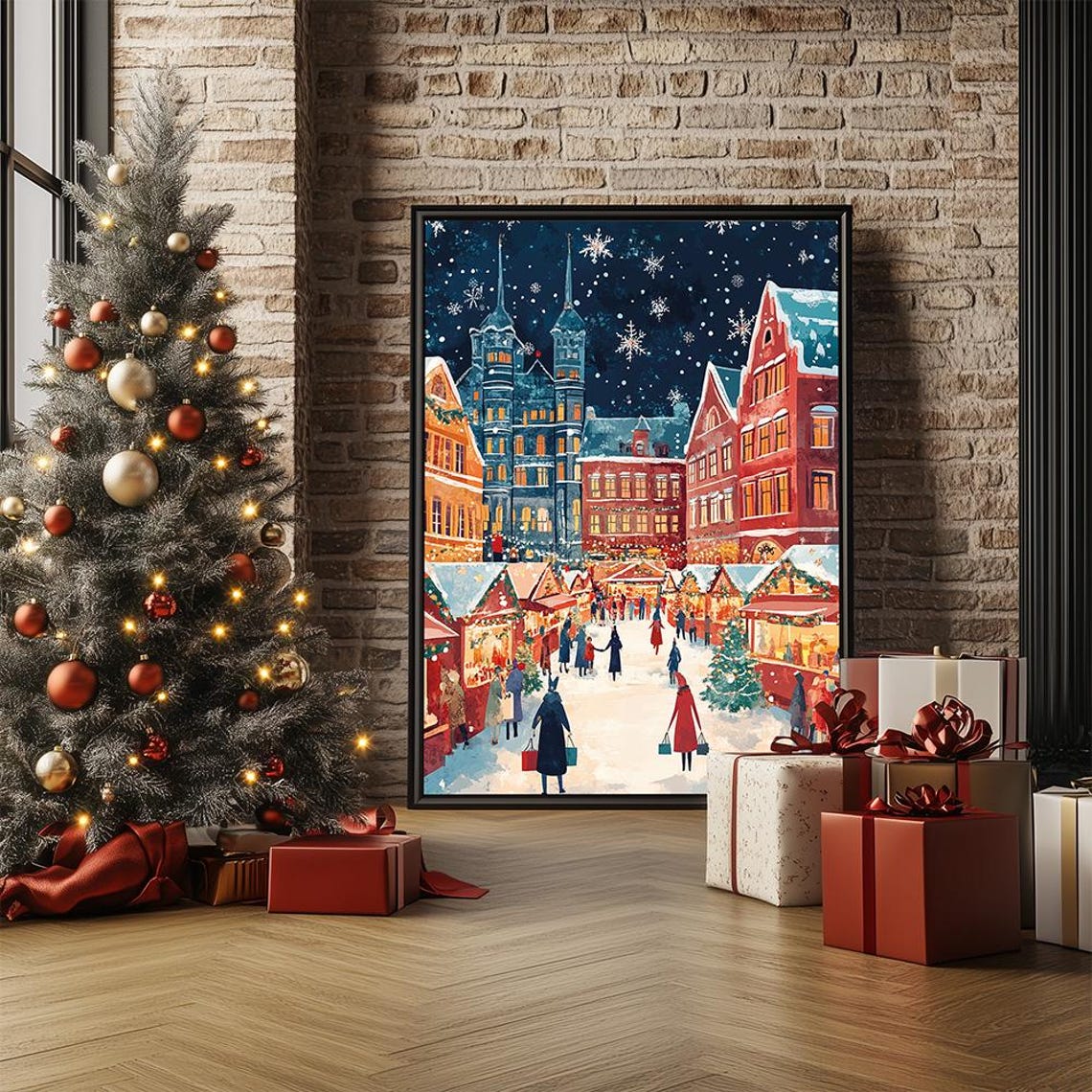 Cozy Christmas Market Night Poster Festive Winter Village Holiday Market Nordic Snowy Town Colorful Art Print - Image 2