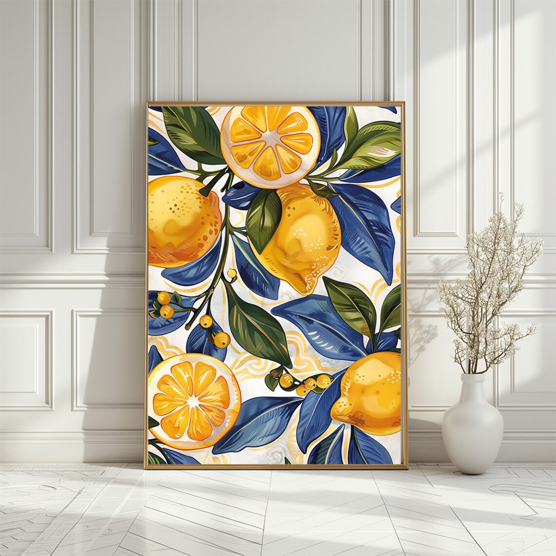 Sicilian Style Lemons on Tree Branch, Boho Art Print