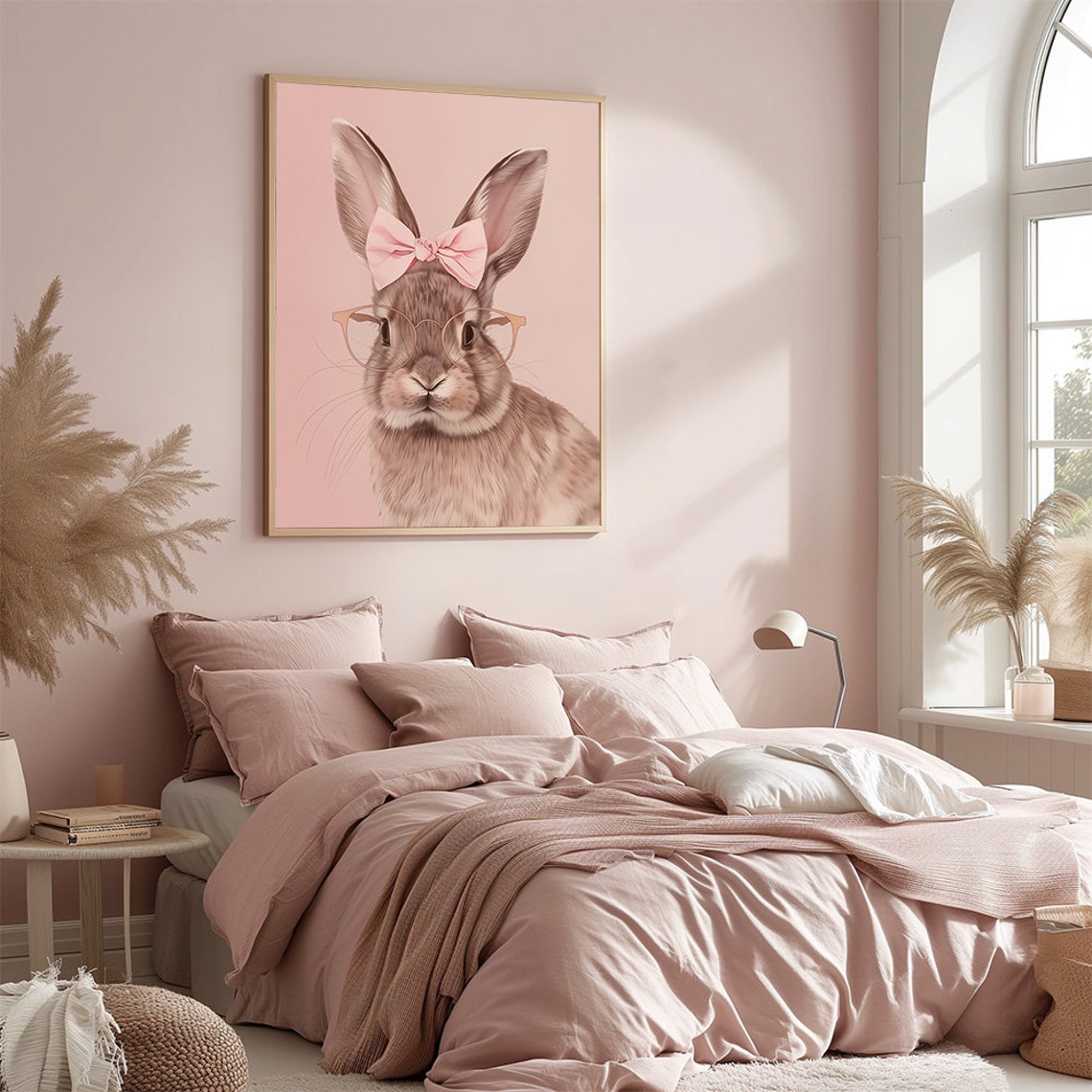 Cute Bunny With Bow And Eyeglasses Soft Pink Nursery Wall Poster - Image 2