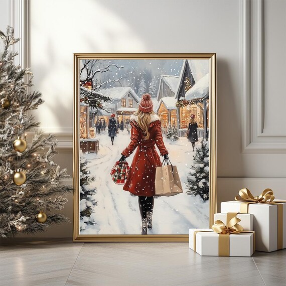 Christmas Market Holiday Shopping Snowy Street Painting Poster