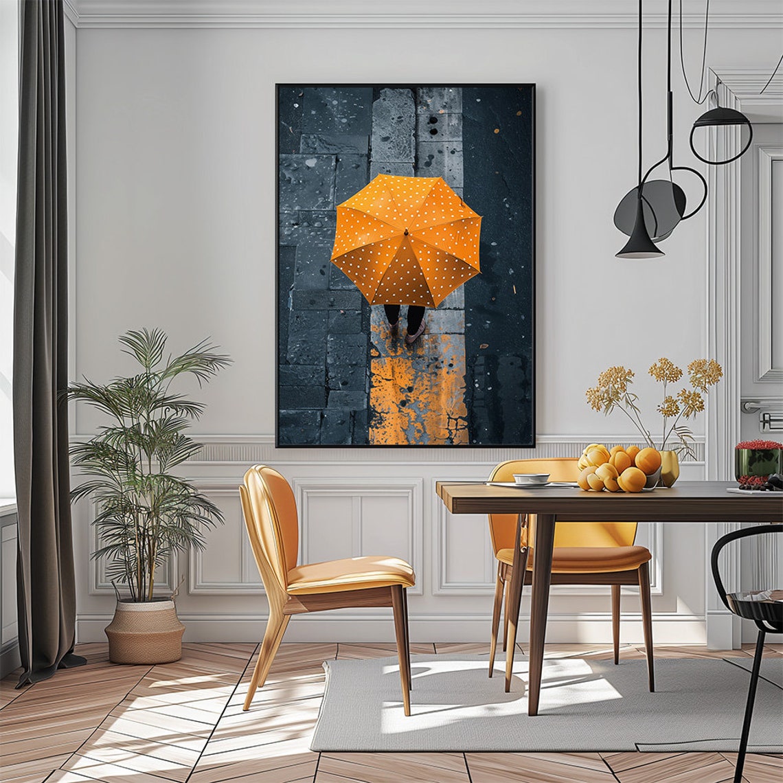 Yellow Polka Dot Umbrella Overhead On Rainy City Street Poster - Image 3