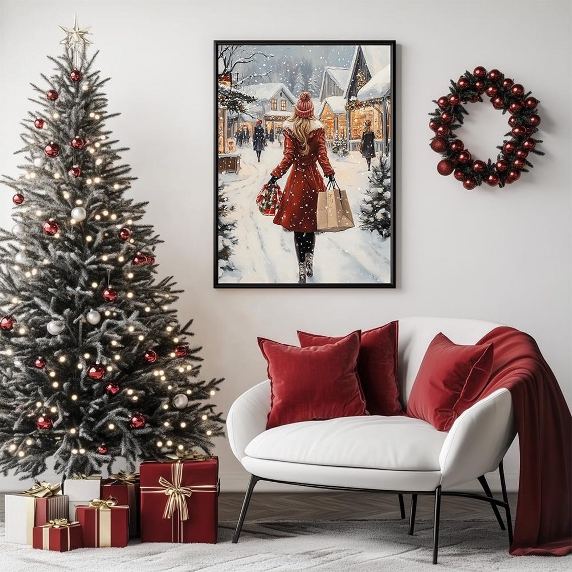 Girl In Christmas Holiday Shopping Poster Festive Market In Snowy Town Art Print Girls Bedroom Christmas - Image 3