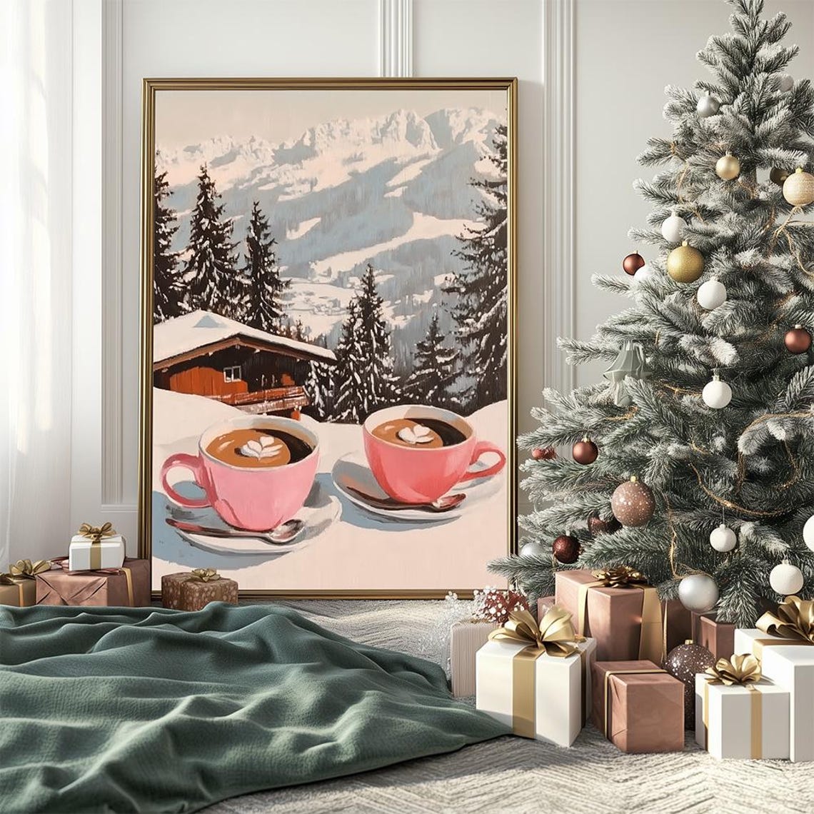 Winter Mountain Cabin Coffee Cups Vintage Holiday Scenic Art Poster - Image 2