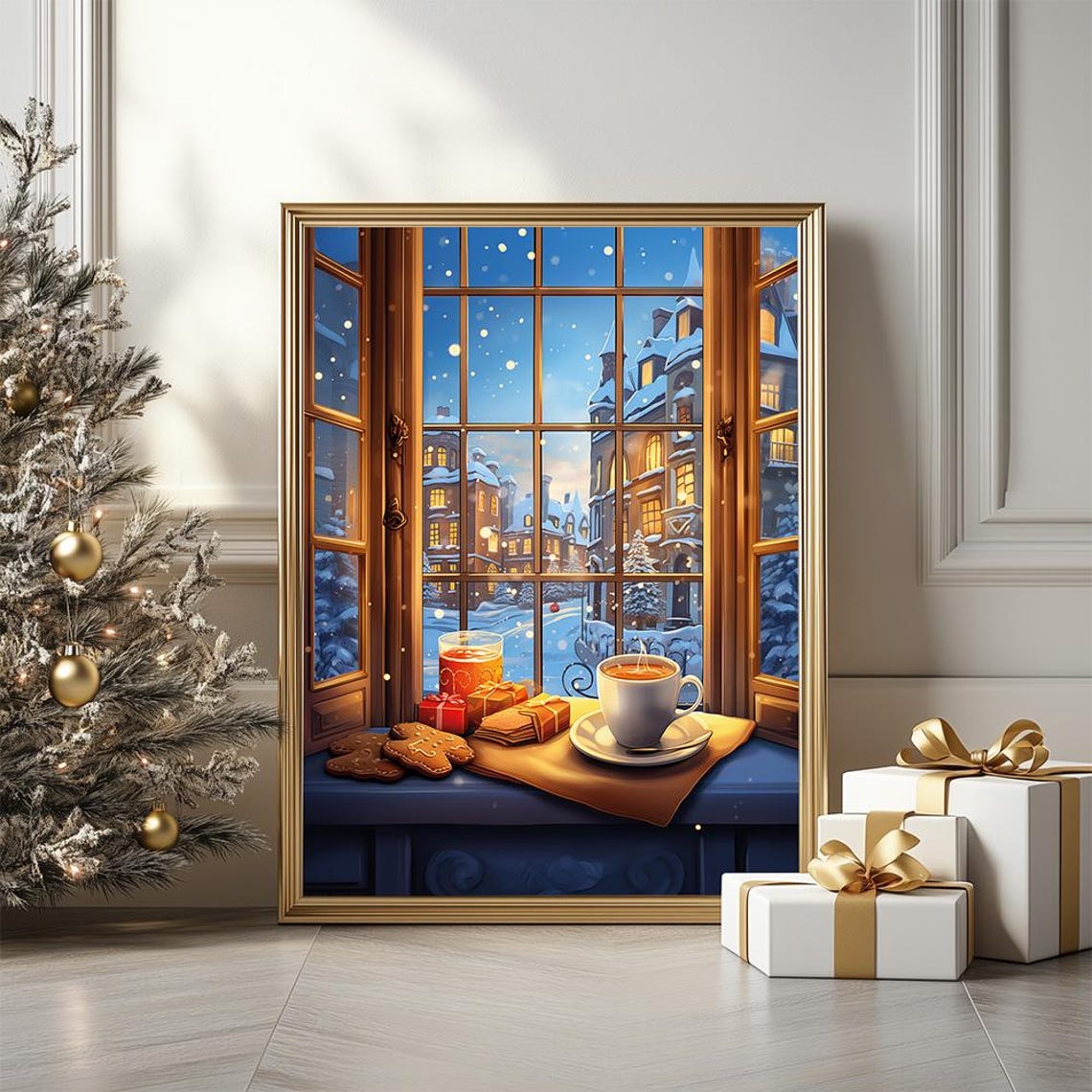 Cozy Christmas Window View Poster With Hot Cocoa and Snowy Cityscape