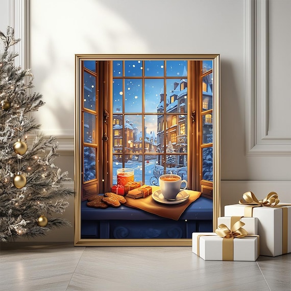 Cozy Christmas Window View Poster With Hot Cocoa and Snowy Cityscape
