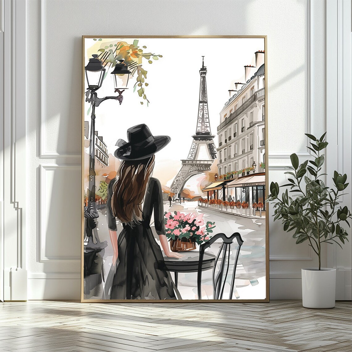 Stylish Girl In Paris Eiffel Tower Watercolor Illustration Wall Poster - Image 3