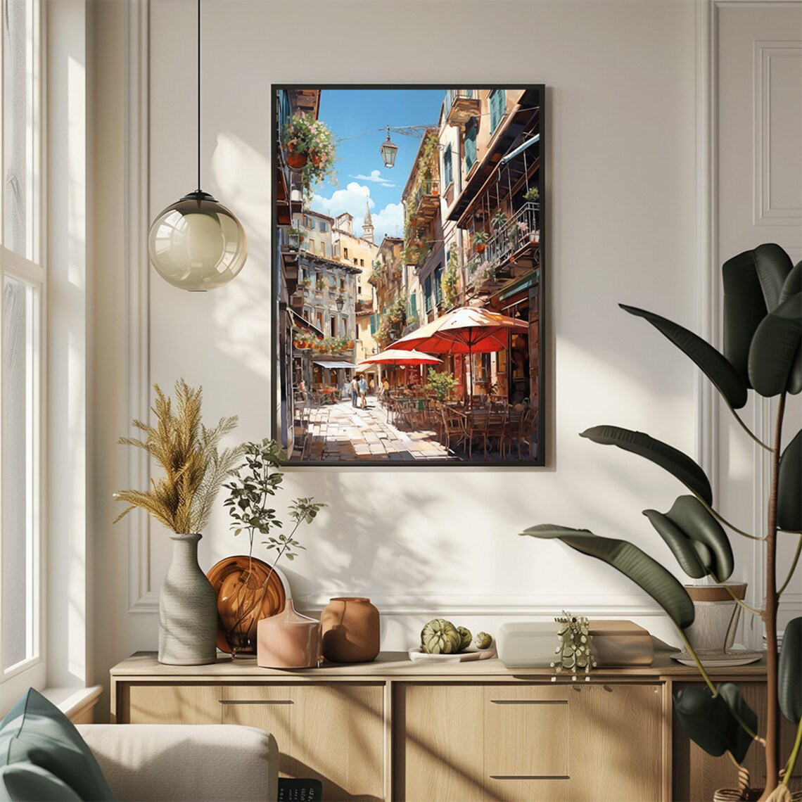 Sunny Mediterranean Street Cafe Scene European Town Art Poster - Image 2
