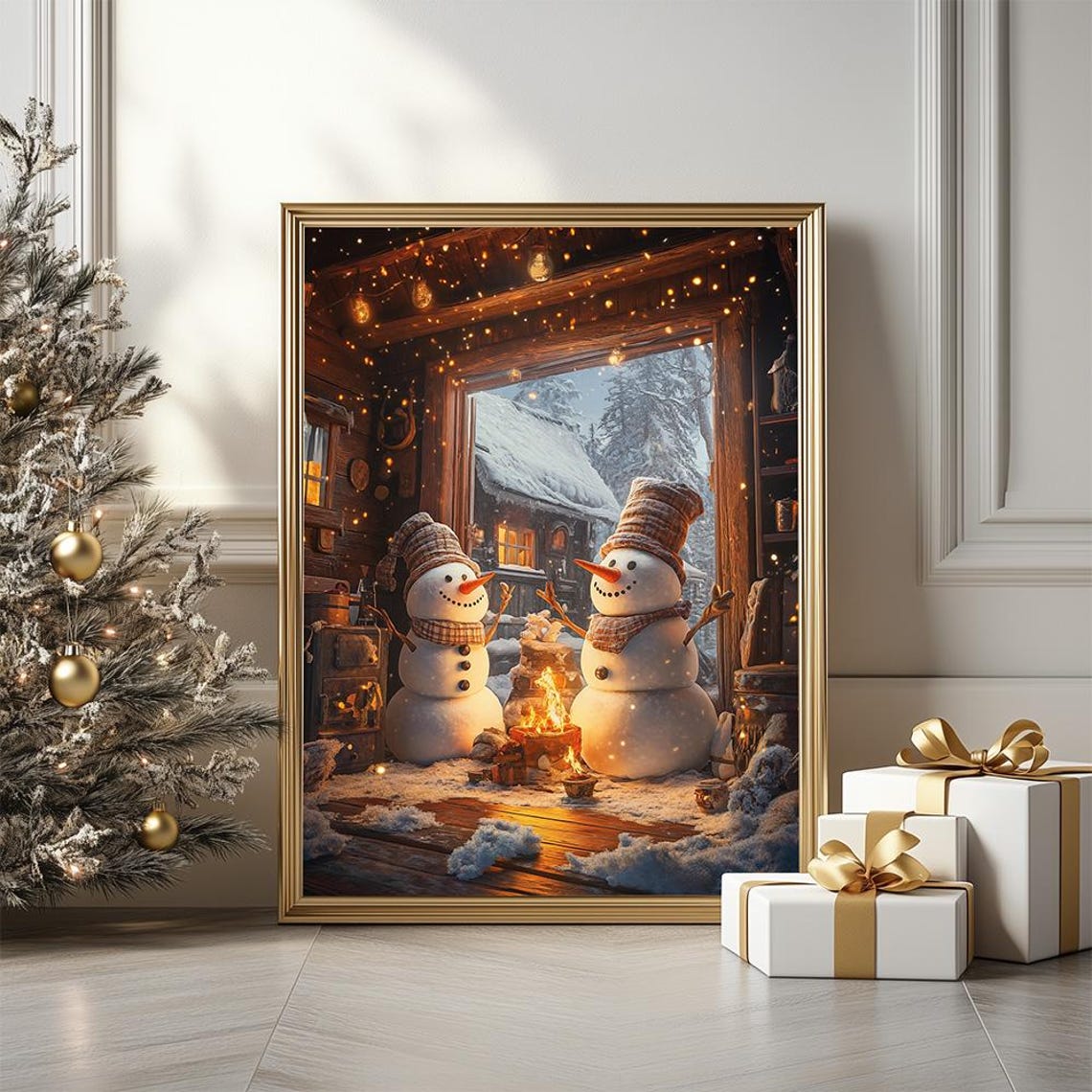 Cozy Snowmen Campfire Winter Cabin Snowy Holiday Night Poster