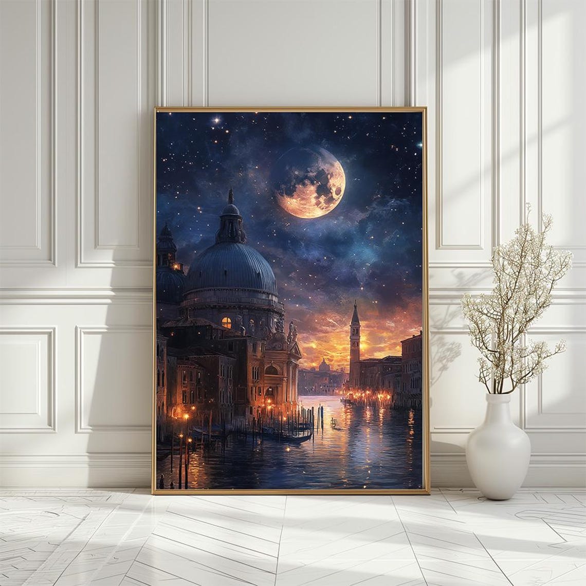 Magical Venice Grand Canal Under Full Moon Starry Night Poster