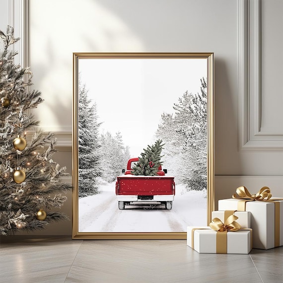 Vintage Red Pickup Truck Christmas Tree Snowy Forest Road Poster