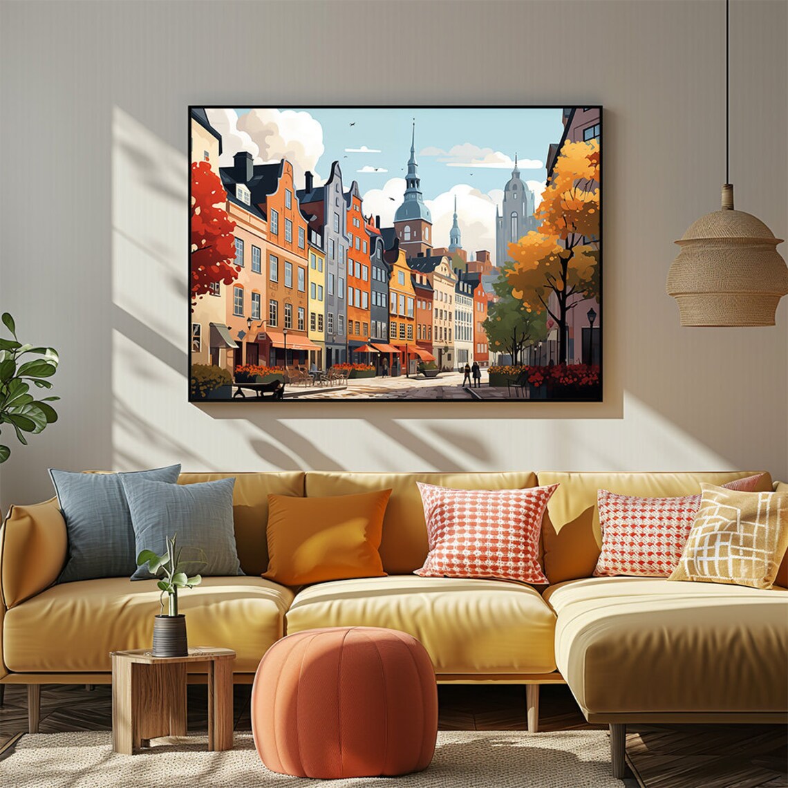 Colorful Scandinavian Old Town Street Illustration Art Poster