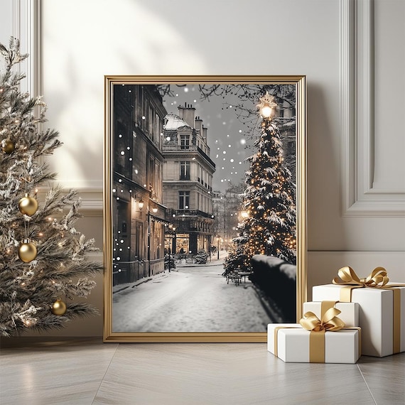 Paris Snowy Christmas Night Street Poster With Glowing Tree Lights