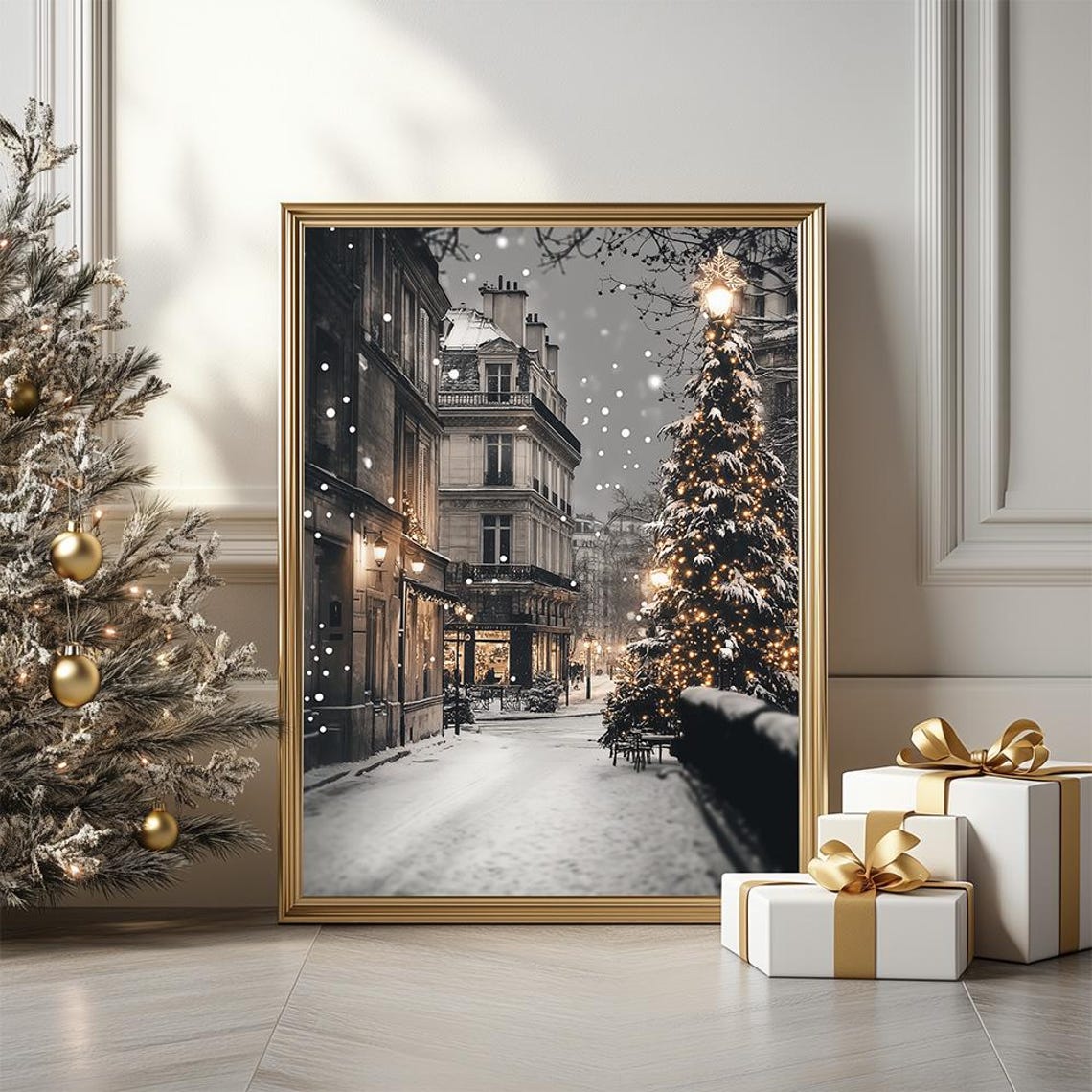 Paris Snowy Christmas Night Street Poster With Glowing Tree Lights