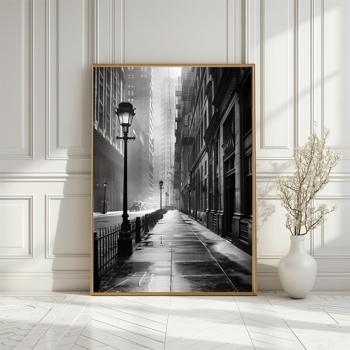 Black And White Vintage 1920s City Sidewalk Art Print