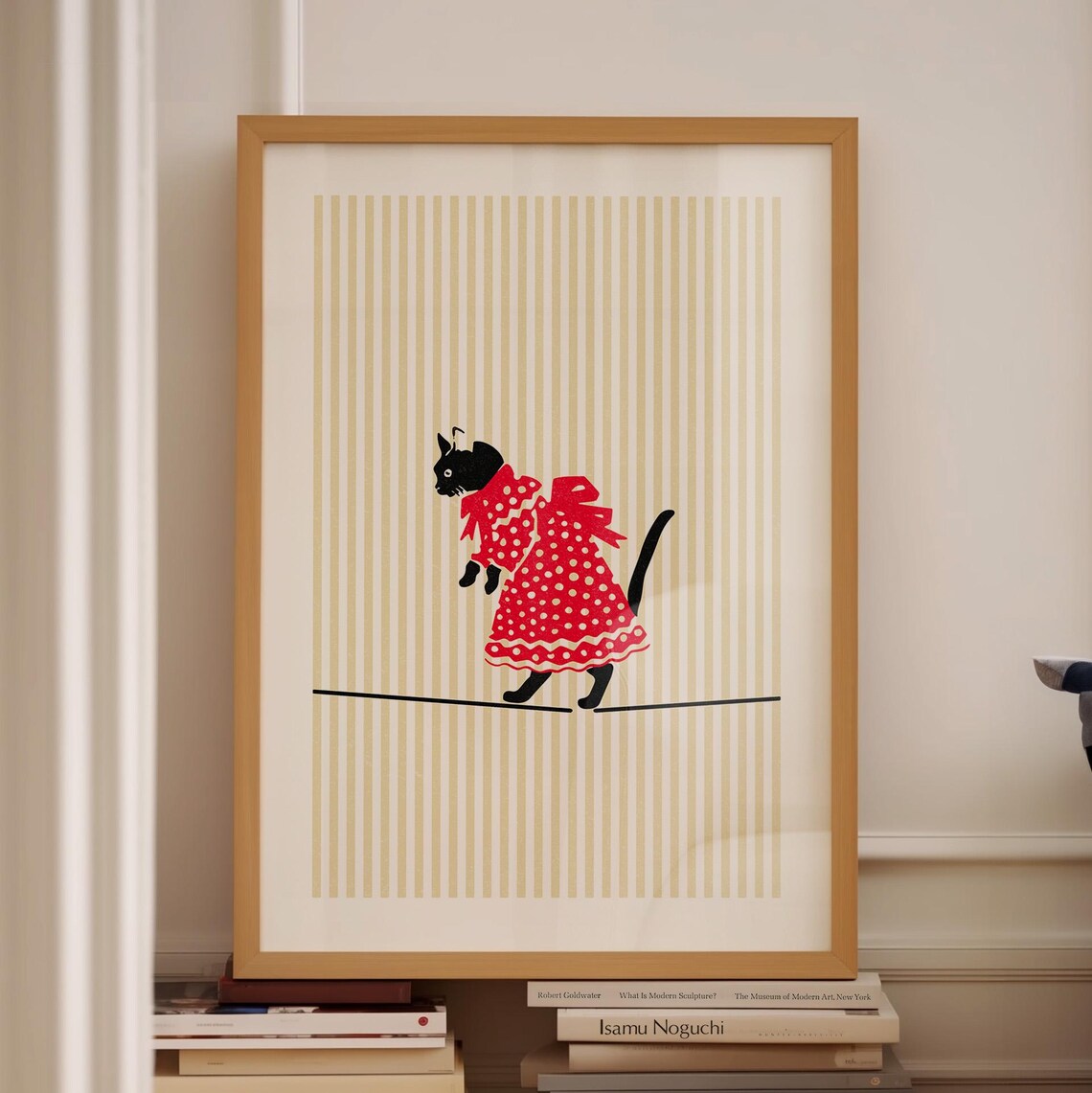 Black Cat Red Polka Dot Dress Striped Retro Animal Art Poster