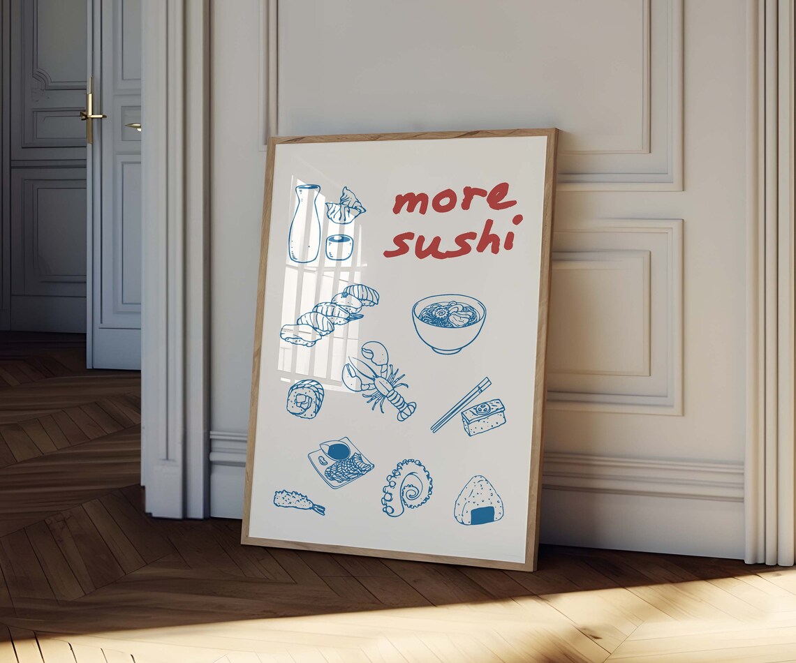More Sushi Blue Line Art Japanese Food Sketch Kitchen Wall Poster - Image 2