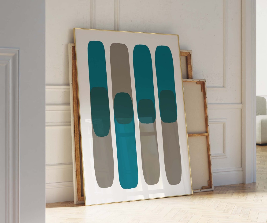 Teal Blue Grey Vertical Stripe Minimalist Abstract Art Wall Print