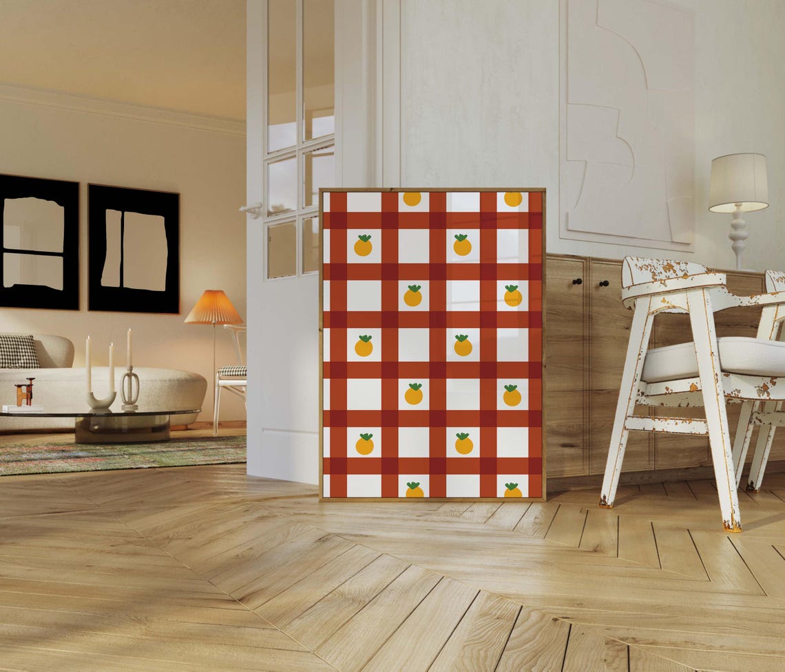 Burnt Orange Gingham Check Clementine Fruit Pattern Kitchen Poster - Image 2